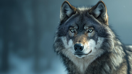 Fototapeta premium Powerful grey wolf with piercing eyes standing alert in a snowy winter forest closeup portrait of wild predator showcasing strength thick fur and primal beauty in natural habitat