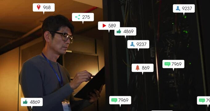 Analyzing server data, man viewing animation of social media notifications overlay