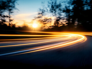 Obraz premium Abstract Light Streaks on a Curved Road at Sunset with Motion Blur and Dark Sky During Twilight Hours