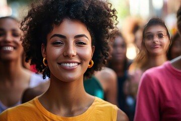 A hopeful and warm-toned image of diverse people advocating for sexual health awareness in a public campaign.