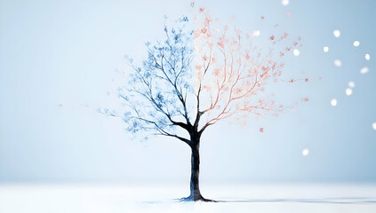 Abstract Pixelated Tree with Blue and Red Leaves on Light Background Digital Artwork Modern Art Symbolic of Change Season Transformation Minimalist Design Isolated Visual