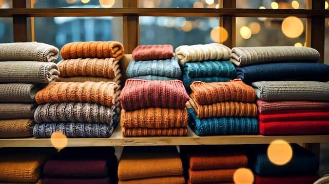 Neatly stacked colorful wool sweaters displayed on wooden retail store shelving