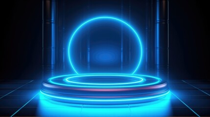 Futuristic teleport podiums Blue, neon hologram portal isolated on blu background 