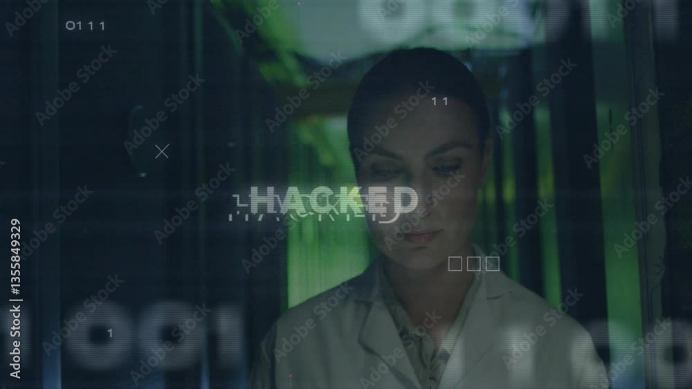 Poster in school lab, scientist working with animation of hacked text and digital code