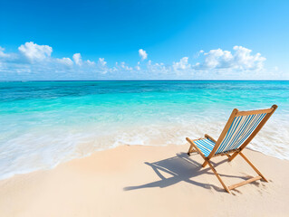 Beach Chair on White Sand by Turquoise Ocean Under Bright Blue Sky in Tropical Summer Vacation Landscape with Rolling Waves and Distant Horizon Under Sunshine
