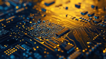 Abstract Blue and Gold Circuit Board Background with Intricate Design