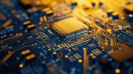 Abstract Technology: Close-up of Blue Circuit Board and Golden Pathways