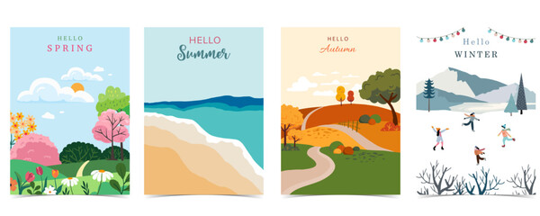 Fototapeta premium Four season holiday landscape background with mountain and tree for a4 vertical design