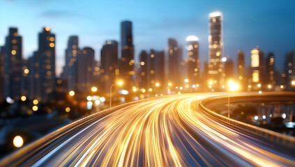 Fototapeta premium Blurred Light Streaks on City Highway at Dusk with Illuminated Buildings along The Skyline