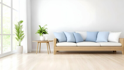Bright Interior with Wooden Sofa and Blue Cushions in a Modern Living Room Featuring a Large Window and Plants with Light Wooden Floor and a White Wall and Soft Natural Daylight