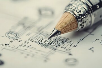 Close-up of a mechanical pencil poised above intricate engineering sketches on paper