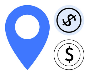 Blue pinpoint marker and two dollar sign circles symbolize financial navigation, location-based cost tracking, or travel expenses. Ideal for budgeting, travel, finance, planning, payment, logistics