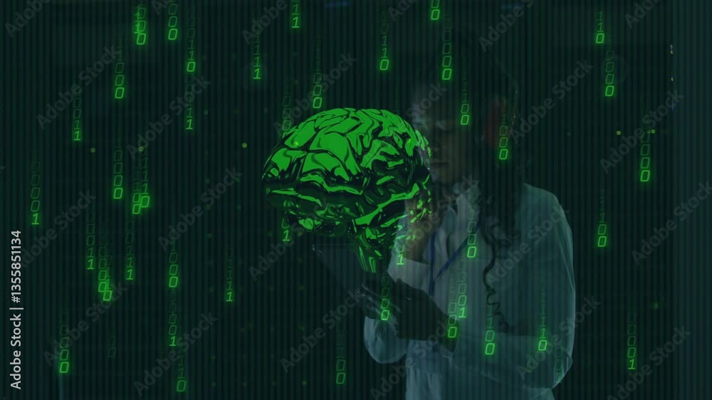 Poster digital brain and binary code animation over scientist working in laboratory