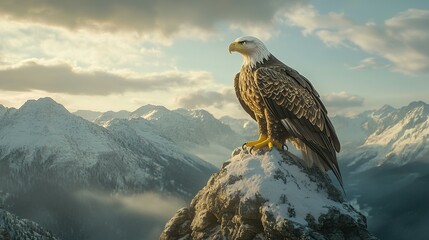 An American eagle sits perched atop a snow covered mountain