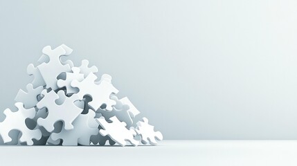 Pile of white puzzle pieces on a white background.