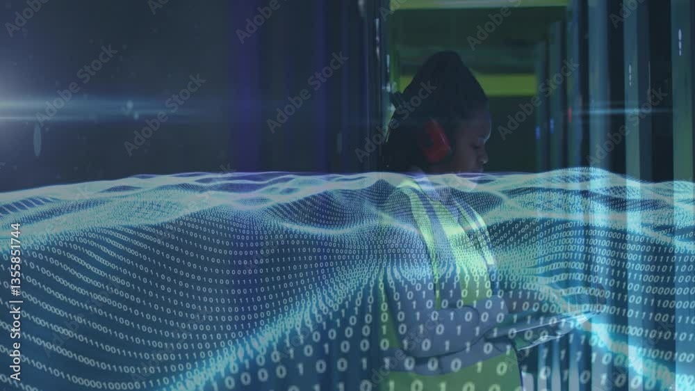 Poster binary code and digital wave animation over person working in data center