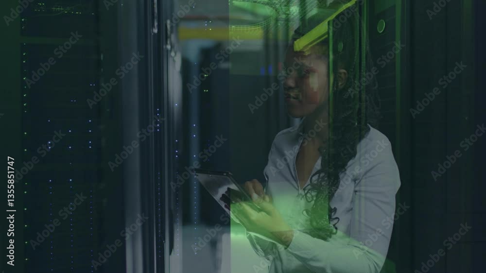 Poster woman using tablet in server room with digital data processing animation overlay
