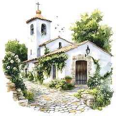 Charming Stone Pathway Leading to a Rustic White Chapel. A picturesque watercolor painting of a quaint church nestled amongst lush greenery.
