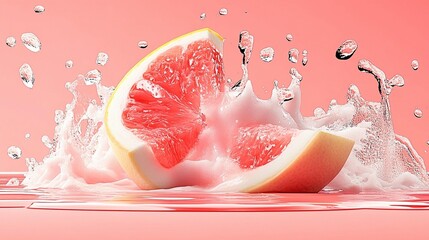 Pink grapefruit slices splashing in water.