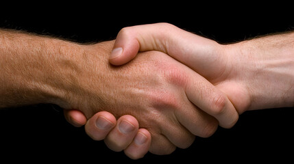 Close Up of a Diverse Handshake Against Black Backdrop Symbolizing Partnership and Agreement Representing Business Collaboration and Commitment With Two People Showing Support