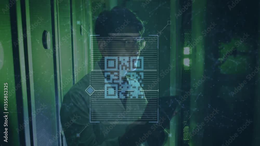 Poster analyzing qr code data with animation, scientist working in high-tech laboratory