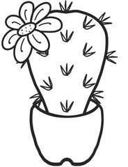A delicate, hand-drawn cactus outline in minimalist style, illustration of a children's activity coloring book page with pictures of cactus.