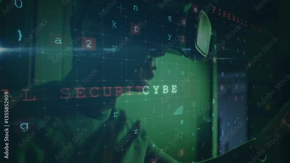 Poster interacting with digital animation, person viewing malware warning and encrypted data