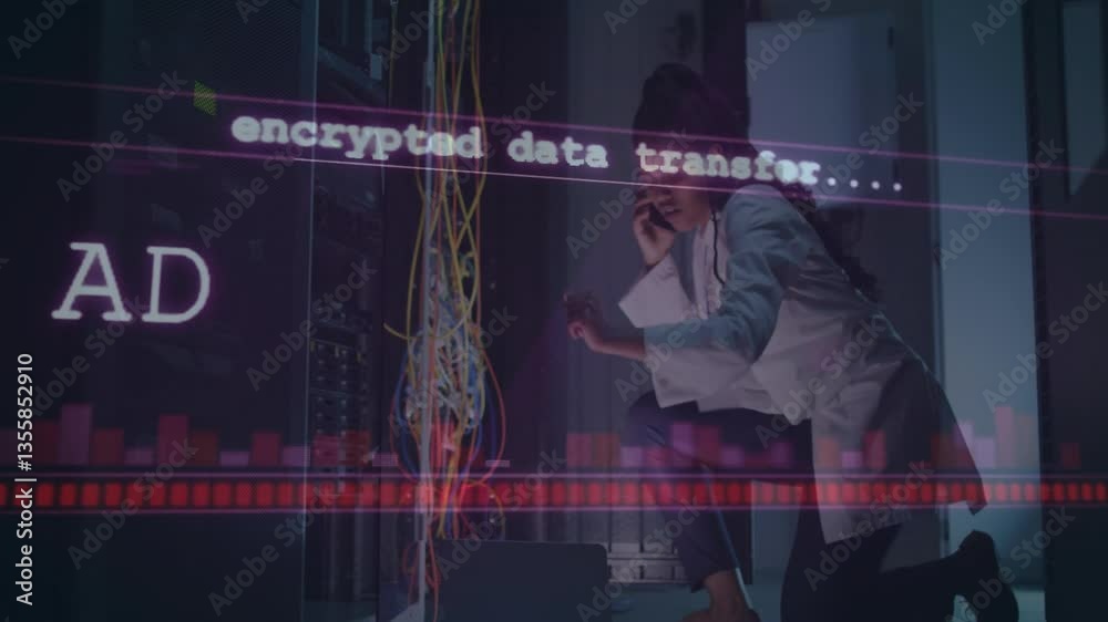Poster scientist working on computer servers with encrypted data transfer animation overlay