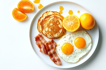 A delicious breakfast spread with eggs, bacon, pancakes, and fresh fruit
