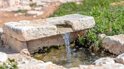 Obraz premium Closeup of Stone Fountain with Flowing Water and Greenery in Natural Setting Bright Sunlight Creates Clear View of Rock Texture and Peaceful Environment