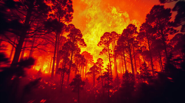 Fire vortex consuming eucalyptus forest with embers and swirling winds