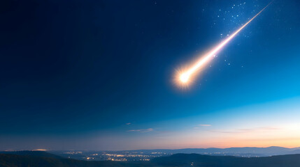 Fototapeta premium Dramatic Meteor Shower Over Distant City Lights at Twilight Blue Sky Stars and Fiery Comet Creates an Ethereal Scene of Cosmic Beauty and Wonder and Exploration