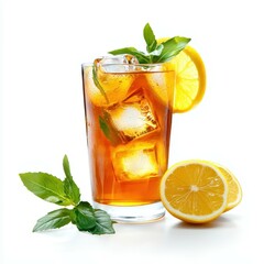 Refreshing iced tea with lemon and basil leaves, perfect for a hot day.