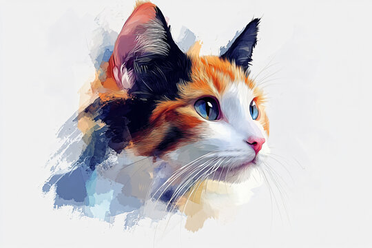 Cartoon cat digital animal artwork cute fluffy fur rounded face big eye expressive character playful kitten sitting pose fantasy pet style watercolor drawing isolated children art clipart kitty card