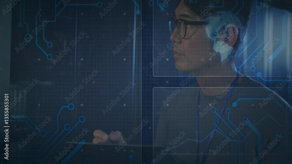 Poster using tablet with digital circuit animation, man representing technology integration