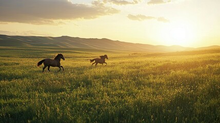 Two horses gallop across a grassy field at sunset