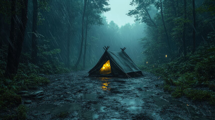 Lonely Tent in Rainy Forest at Night with Warm Light
