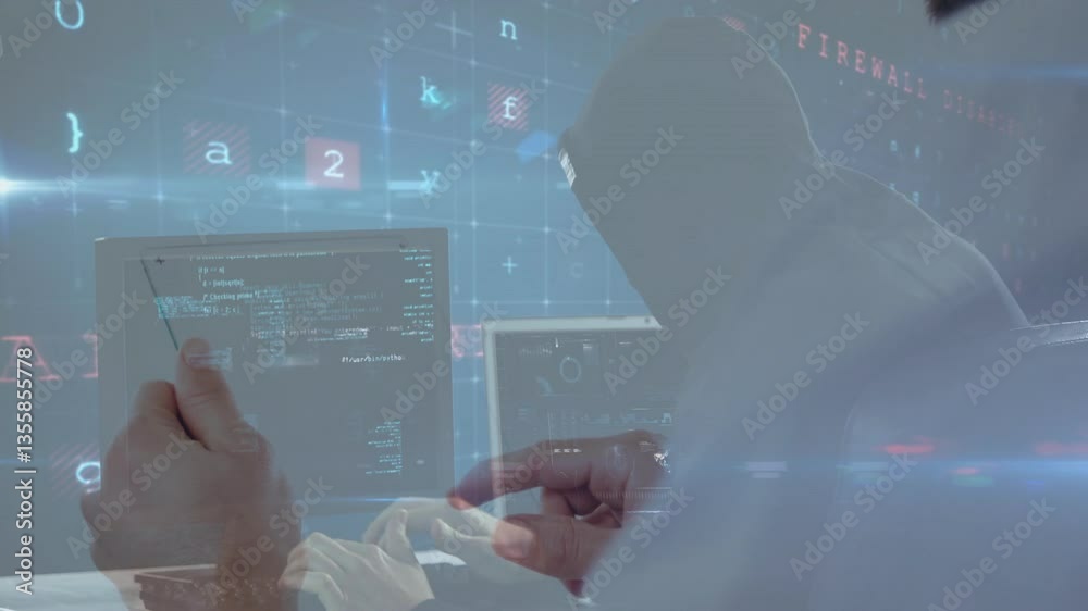 Poster hacker in hoodie working on computer with warning text overlay animation
