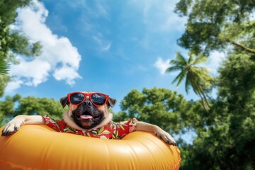 Pug wearing sunglasses, hawaiian shirt relaxing on inflatable ring, in pool surrounded by tropical trees.