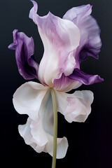 A pink flower, A blurry pastel toned photo of a swirling flower, white, pink and pastel yellow tulip flower with a long stem