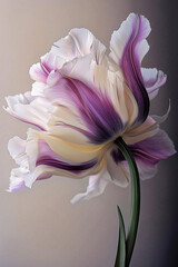 A pink flower, A blurry pastel toned photo of a swirling flower, white, pink and pastel yellow tulip flower with a long stem