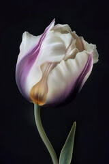 A pink flower, A blurry pastel toned photo of a swirling flower, white, pink and pastel yellow tulip flower with a long stem