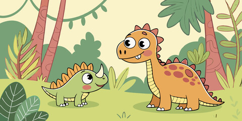 Cute Baby Dinosaurs in Prehistoric Forest, Design for Children. Colorful and Playful imaginary dino animals wallpaper. Vector funny dinosaur, vector background design for kids.
