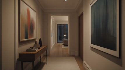 Elegant Interior: Hallway with Artwork and a Glimpse into a Cozy Living Space