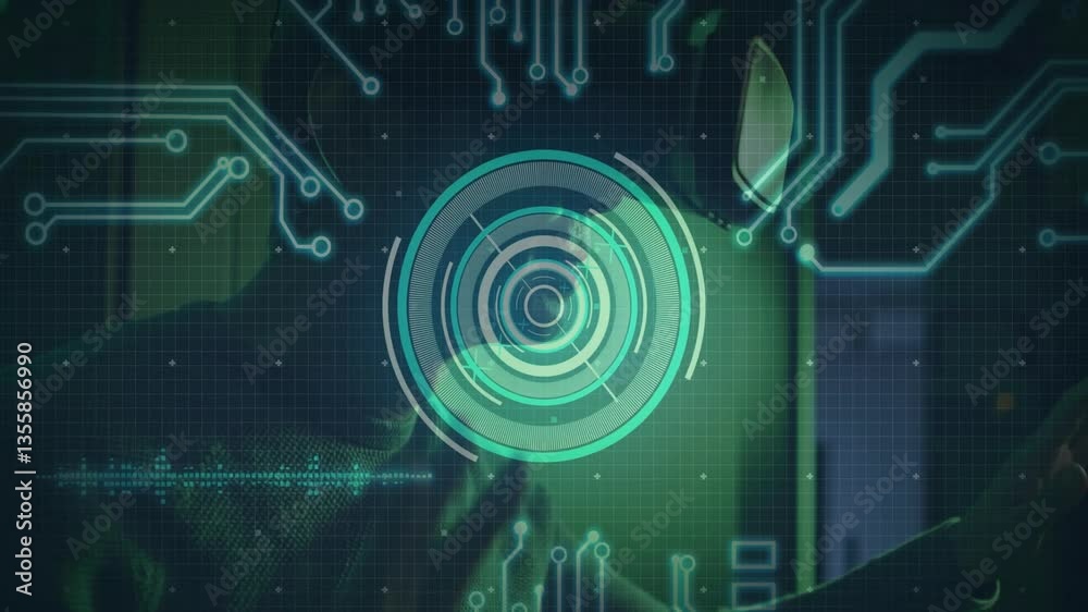 Poster in animation, futuristic digital interface with circuit patterns and circles displayed