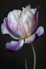 A pink flower, A blurry pastel toned photo of a swirling flower, white, pink and pastel yellow tulip flower with a long stem