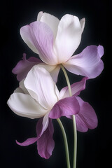 A pink flower, A blurry pastel toned photo of a swirling flower, white, pink and pastel yellow tulip flower with a long stem