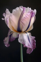 A pink flower, A blurry pastel toned photo of a swirling flower, white, pink and pastel yellow tulip flower with a long stem