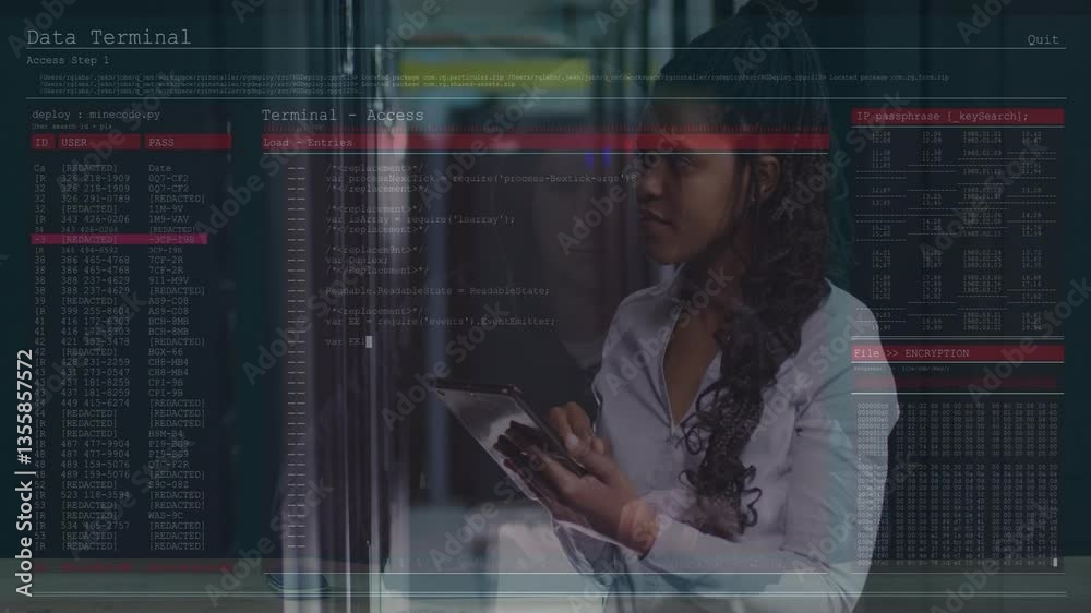 Poster woman using tablet over data terminal access and code animation