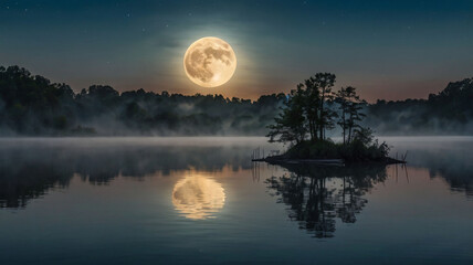 Serene moonlit lake reflecting a giant harvest moon over a misty island, creating a magical nocturnal scene.